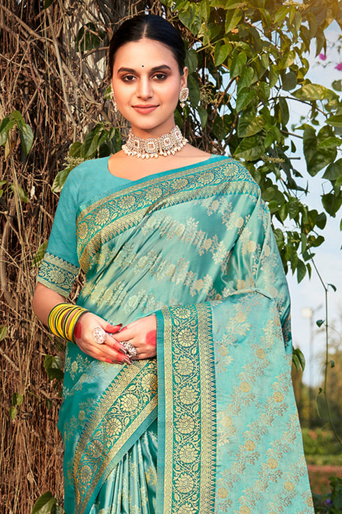 Deeva Sarees Cyan Blue Satan Silk Saree